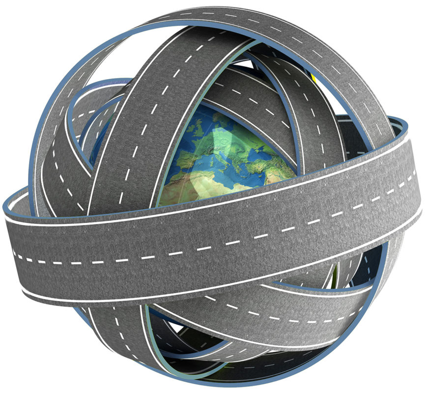 estradas à volta de um globo em 3d